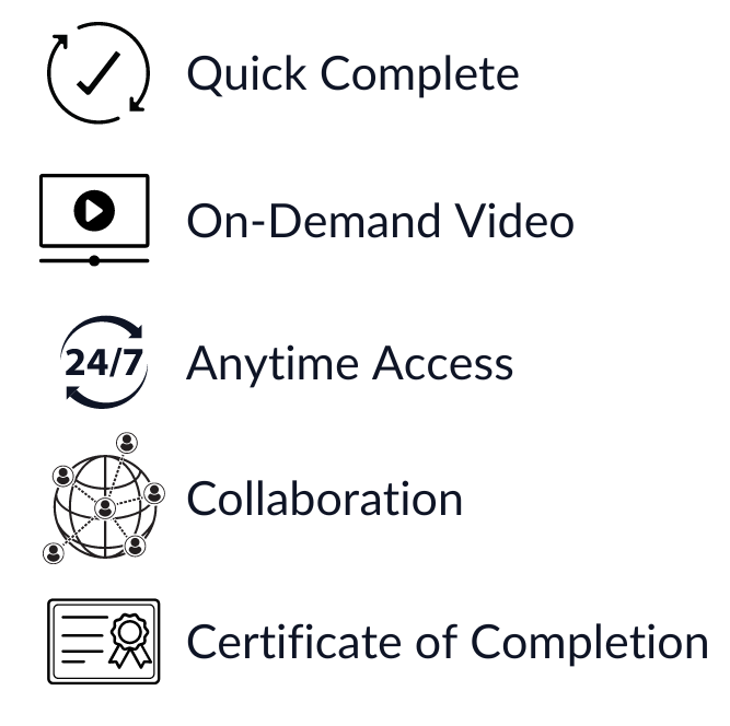 benefits: quick complete, on demand, anytime access, collaboration, certificate of completion